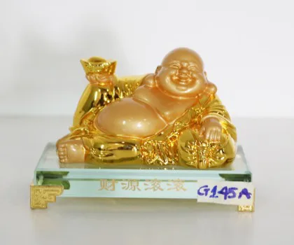 Phật di lạc vàng cầm nén vàng ngồi trên đế gỗ - Tài nguyên cuồn cuộn G145A