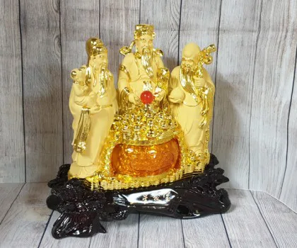Tam đa phước lộc thọ vàng kim sa bên hũ vàng lưu ly lớn - Tam Tinh Tụ Bảo LN112