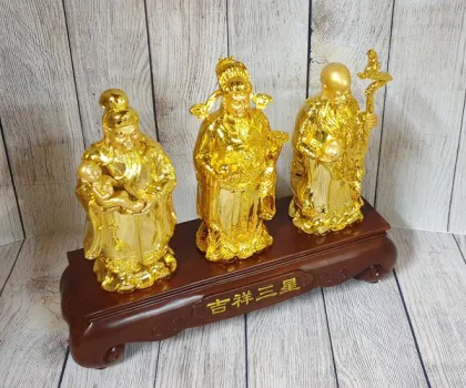 Tam đa phước lộc thọ vàng bóng trên đế gỗ - Cát Tường Tam Tinh LN114