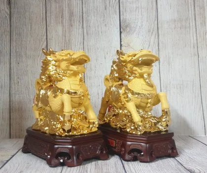 Song đế kỳ lân vàng kim sa bóng cưỡi mây vàng đế gỗ - Như Ý Nạp Phước/ Tường Thuỵ Chiêu Tài LN159