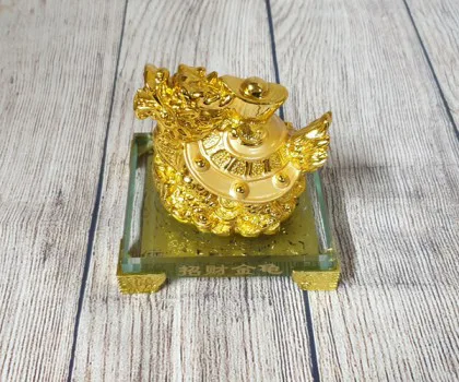 Thần rùa đầu rồng vàng bóng nhả kim nguyên bảo trên đống tiền vàng đế thuỷ tinh - Chiêu Tài Long Quy LN164